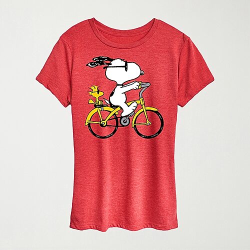 Hybrid Tees Riding Bike Womens Crew Neck Short Sleeve Regular Fit Peanuts Snoopy Graphic T-shirt In Red