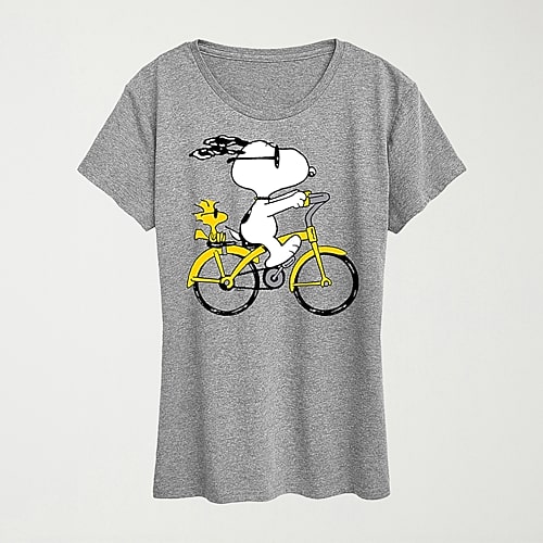 Hybrid Tees Riding Bike Womens Crew Neck Short Sleeve Regular Fit Peanuts Snoopy Graphic T-shirt In Gray