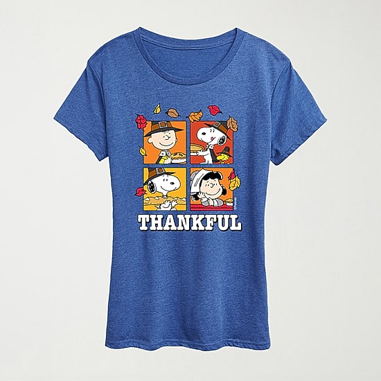 Thankfulwoodstock Womens Scoop Neck Short Sleeve Regular Fit Peanuts Snoopy Graphic T-Shirt