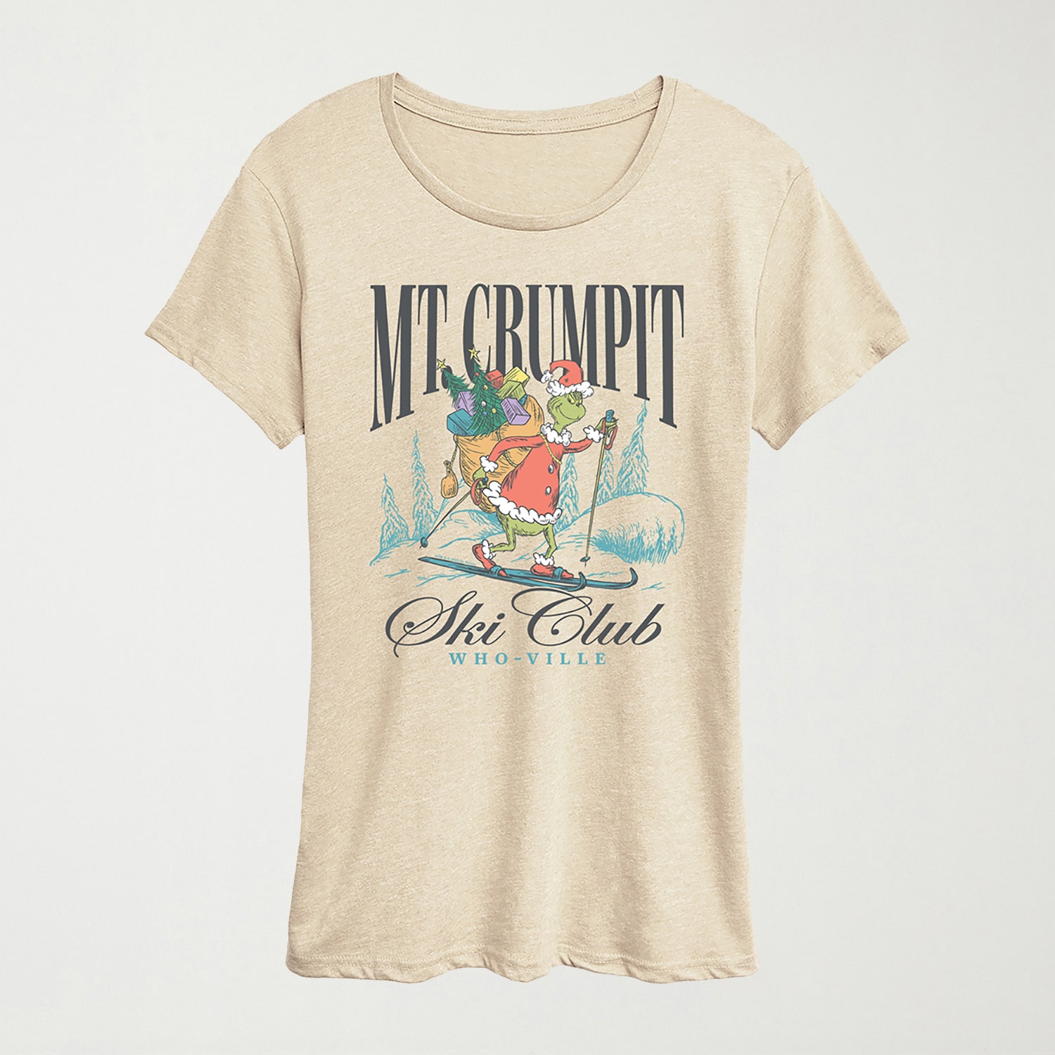 Mt Crumpit Ski Club Womens Crew Neck Short Sleeve Regular Fit Grinch Graphic T-Shirt