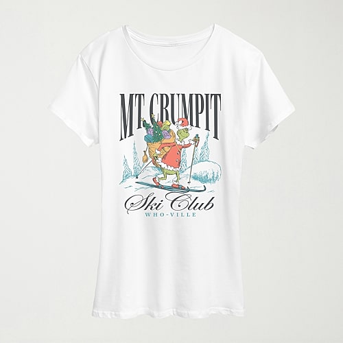 Hybrid Tees Mt Crumpit Ski Club Womens Crew Neck Short Sleeve Regular Fit Grinch Graphic T-shirt In White