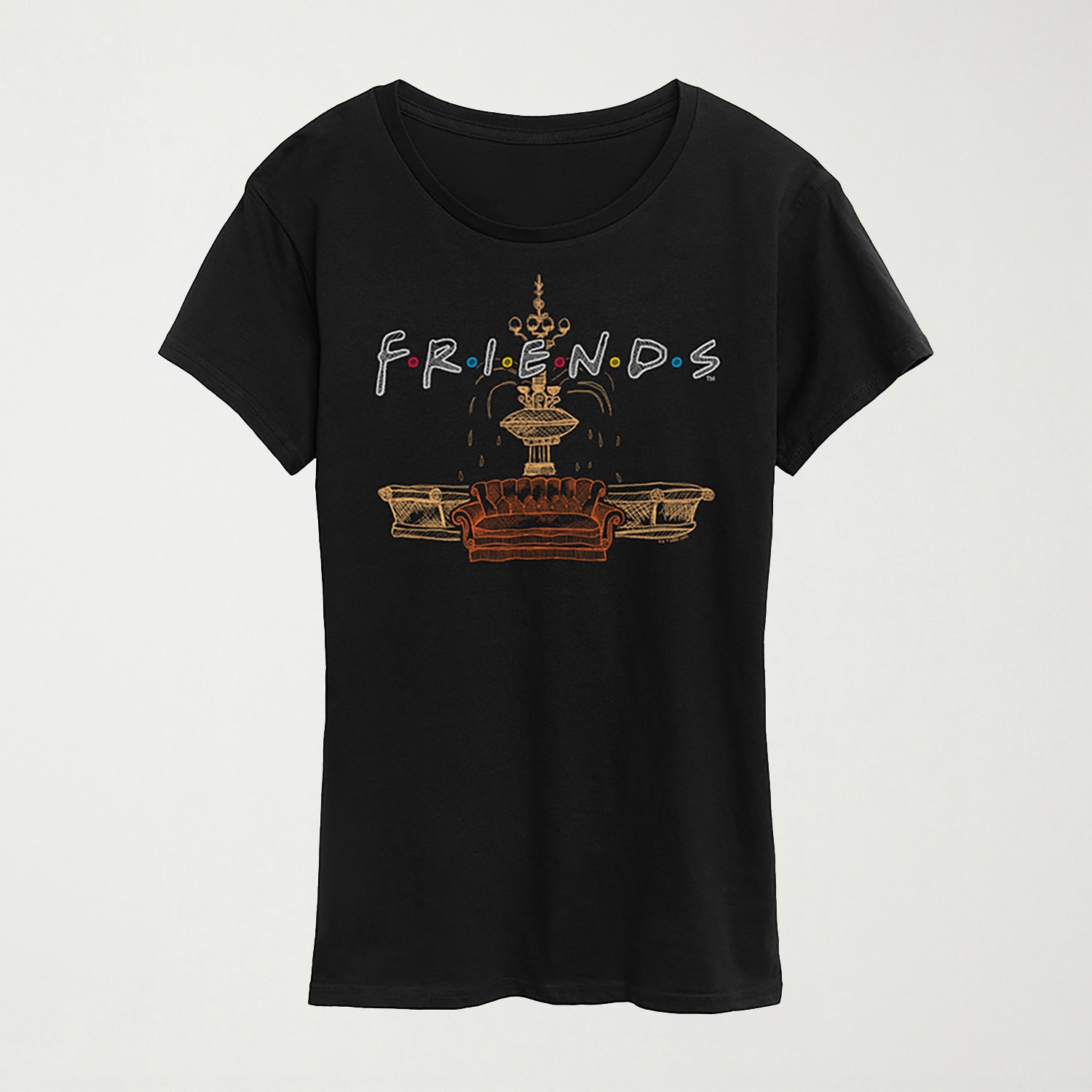 Couch Fountain Set Womens Crew Neck Short Sleeve Regular Fit Friends Graphic T-Shirt