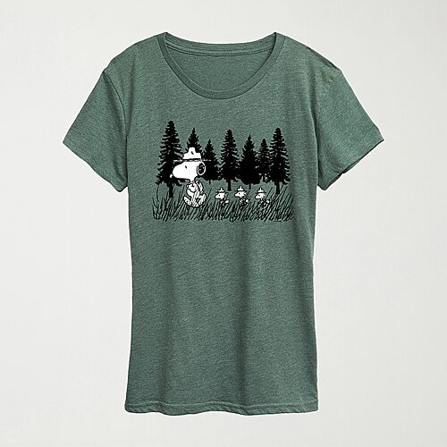 Hybrid Tees Troopping Along Womens Crew Neck Short Sleeve Regular Fit Peanuts Snoopy Graphic T-shirt In Green