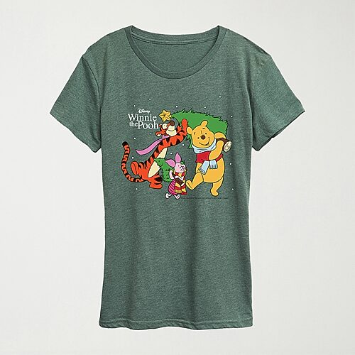 Hybrid Tees Christmas Womens Crew Neck Short Sleeve Regular Fit Winnie The Pooh Graphic T-shirt In Green