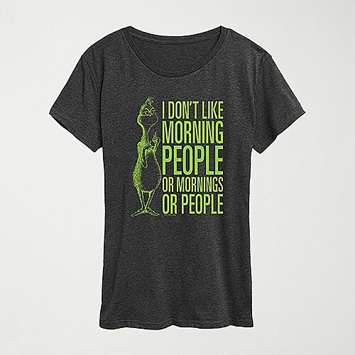 Hybrid Tees Morning People Womens Crew Neck Short Sleeve Regular Fit Grinch Graphic T-shirt In Gray