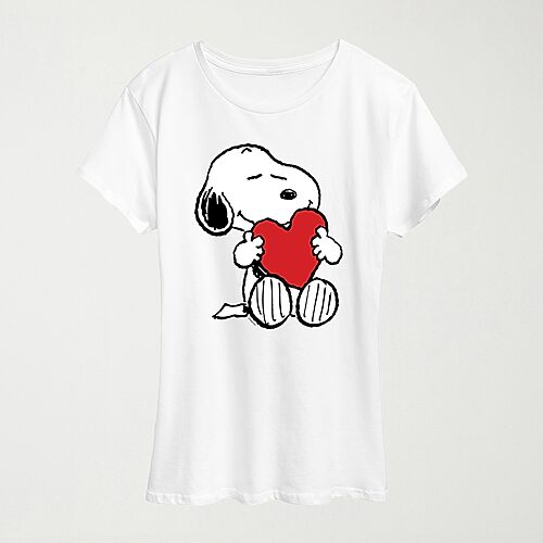Hybrid Tees Hugging Heart Womens Crew Neck Short Sleeve Regular Fit Peanuts Snoopy Graphic T-shirt In White
