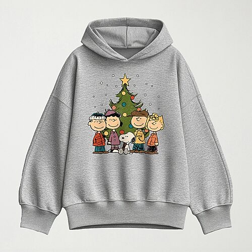 Hybrid Tees Christmas Group Womens Long Sleeve Peanuts Hoodie In Gray