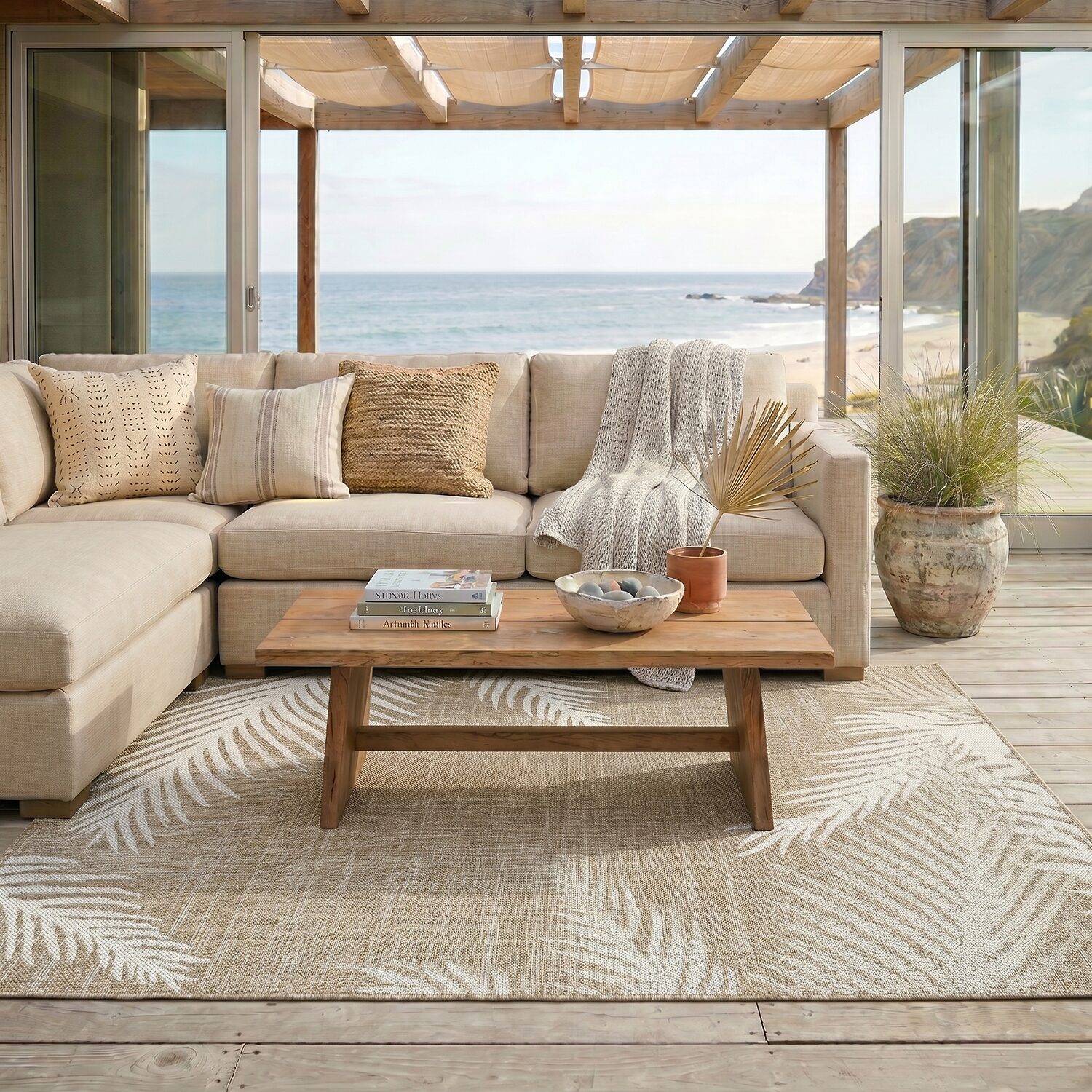 Celeste Coastal Palm Leaf Indoor Outdoor Rectangular Area Rug
