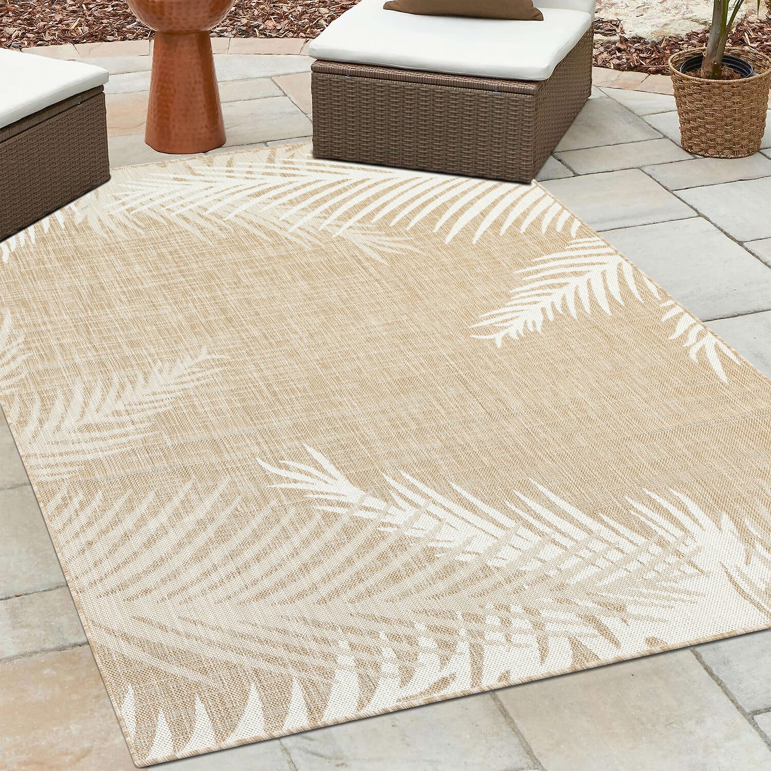 Celeste Coastal Palm Leaf Indoor Outdoor Rectangular Area Rug