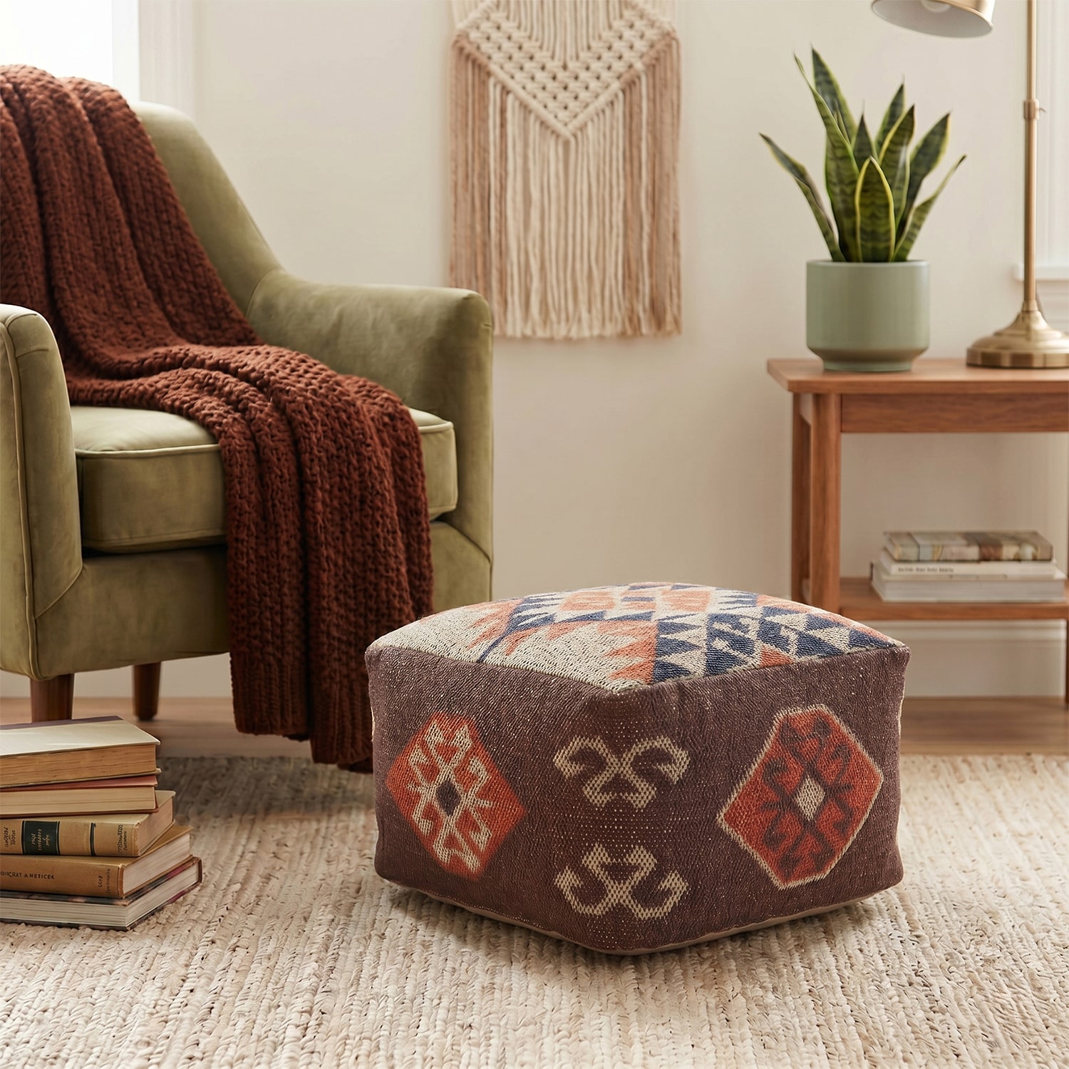 LR Home Ashford 12" Handmade Cotton Blend Pouf in Brown/Natural/Orange