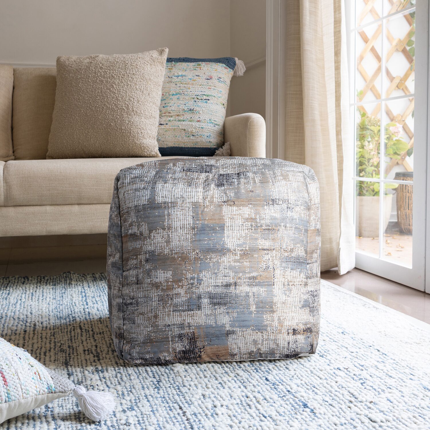 LR Home Winston 18" Handwoven Cotton Pouf in Blue/Beige/Cream