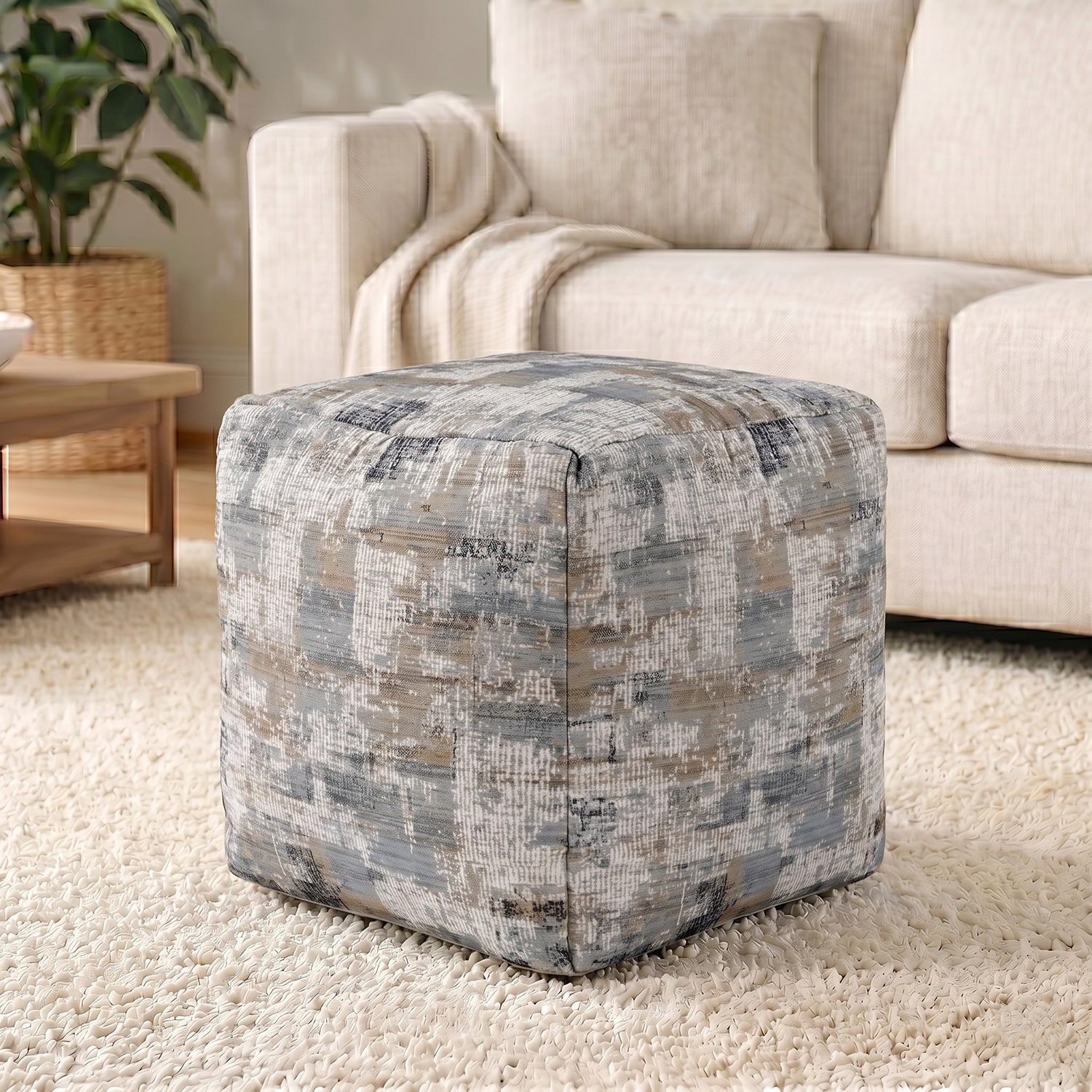LR Home Winston 18" Handwoven Cotton Pouf in Blue/Beige/Cream