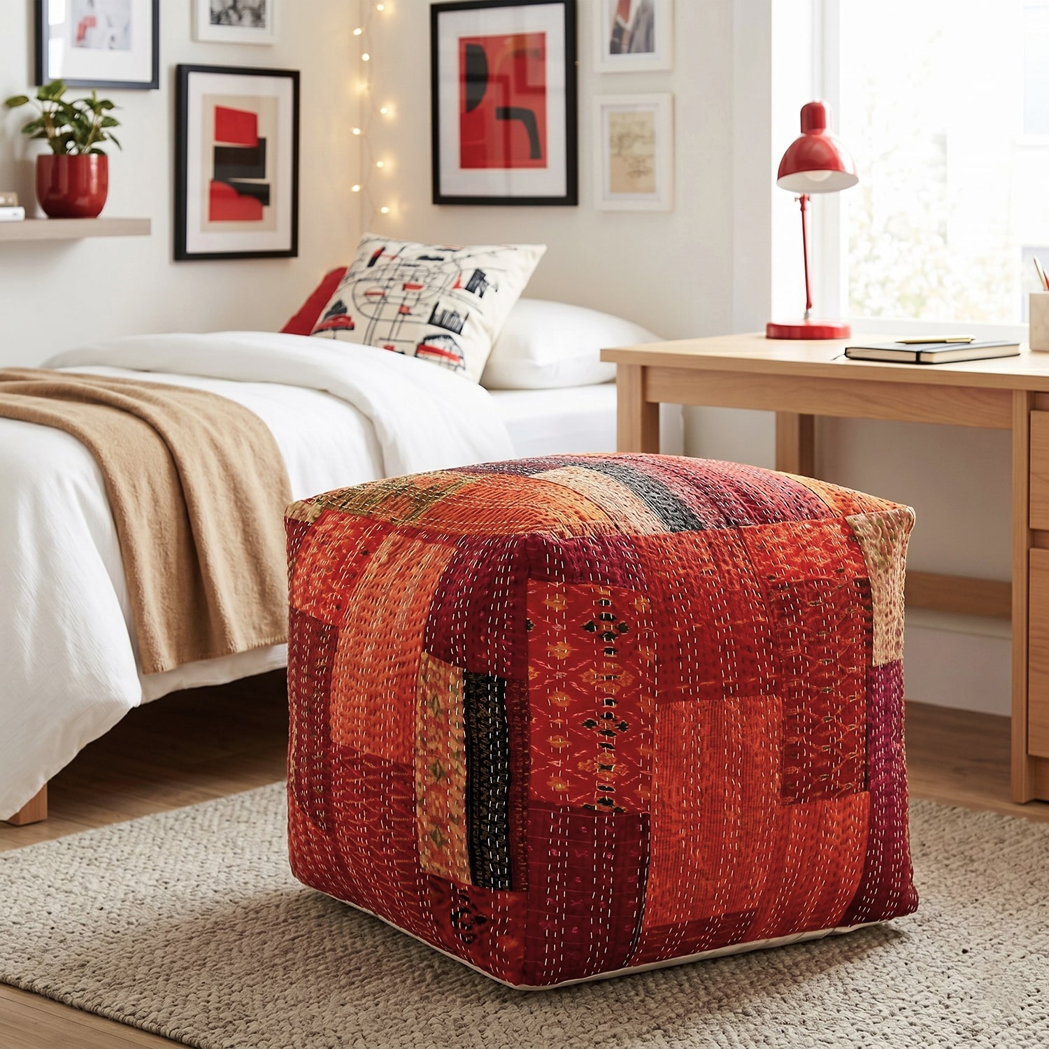 LR Home Wales 20" Handmade Pouf in Red Patchwork