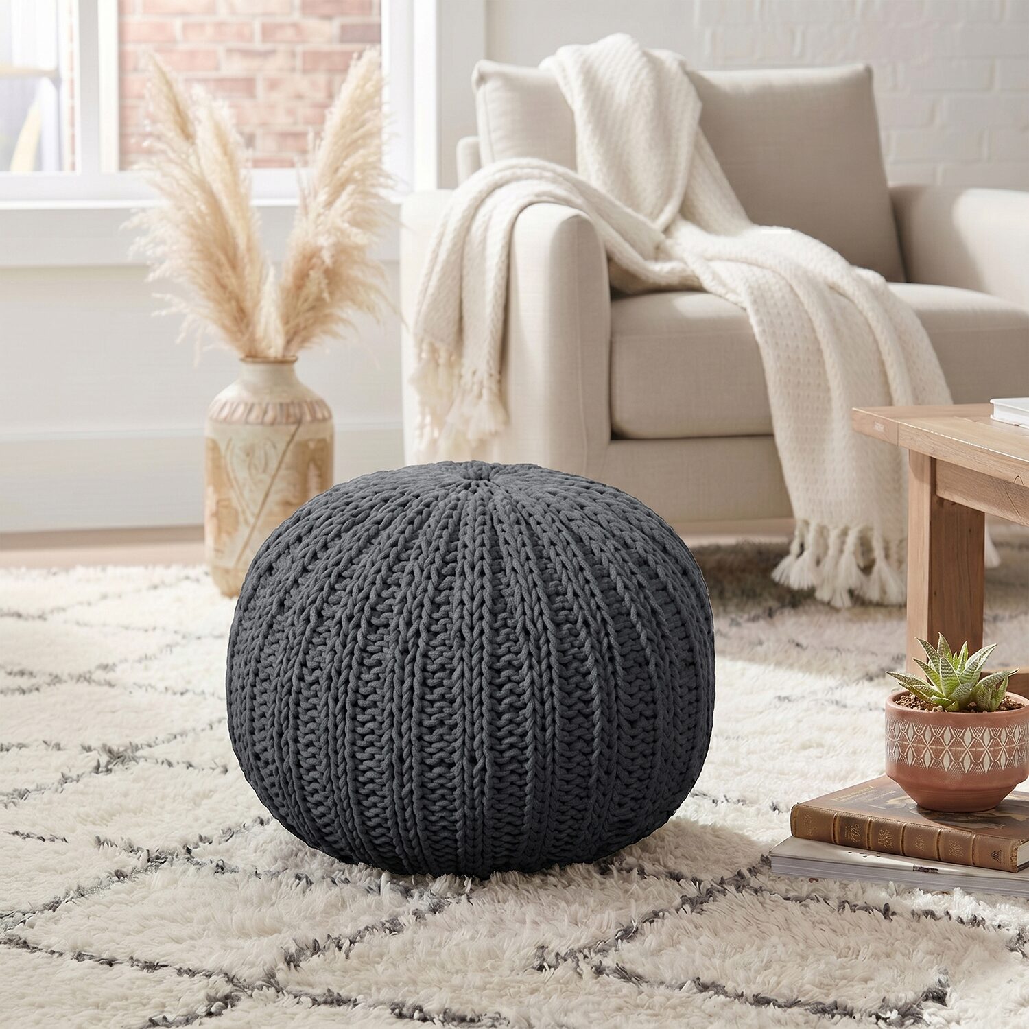 LR Home Montra 16" Handmade Cableknit Cotton Pouf