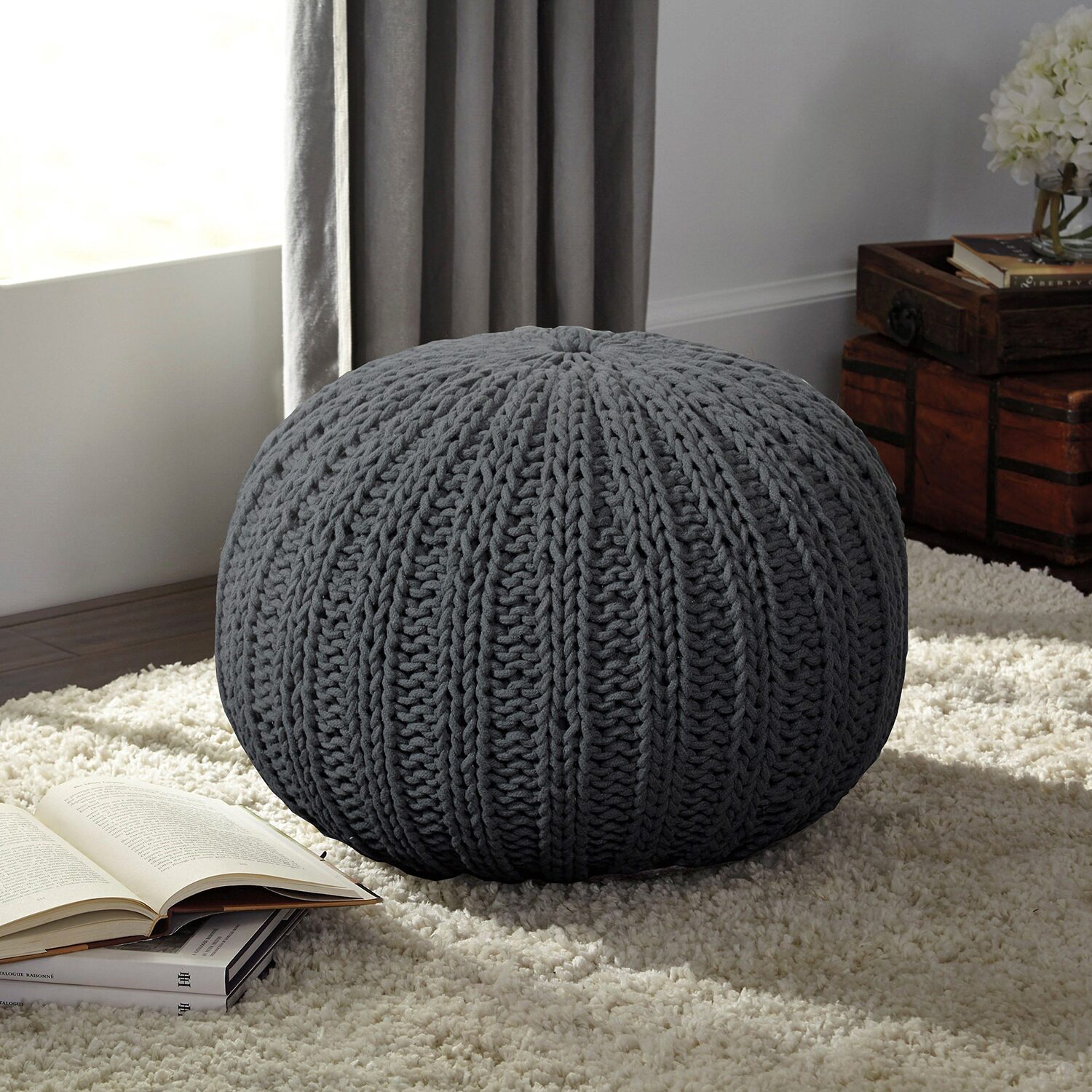 LR Home Montra 16" Handmade Cableknit Cotton Pouf