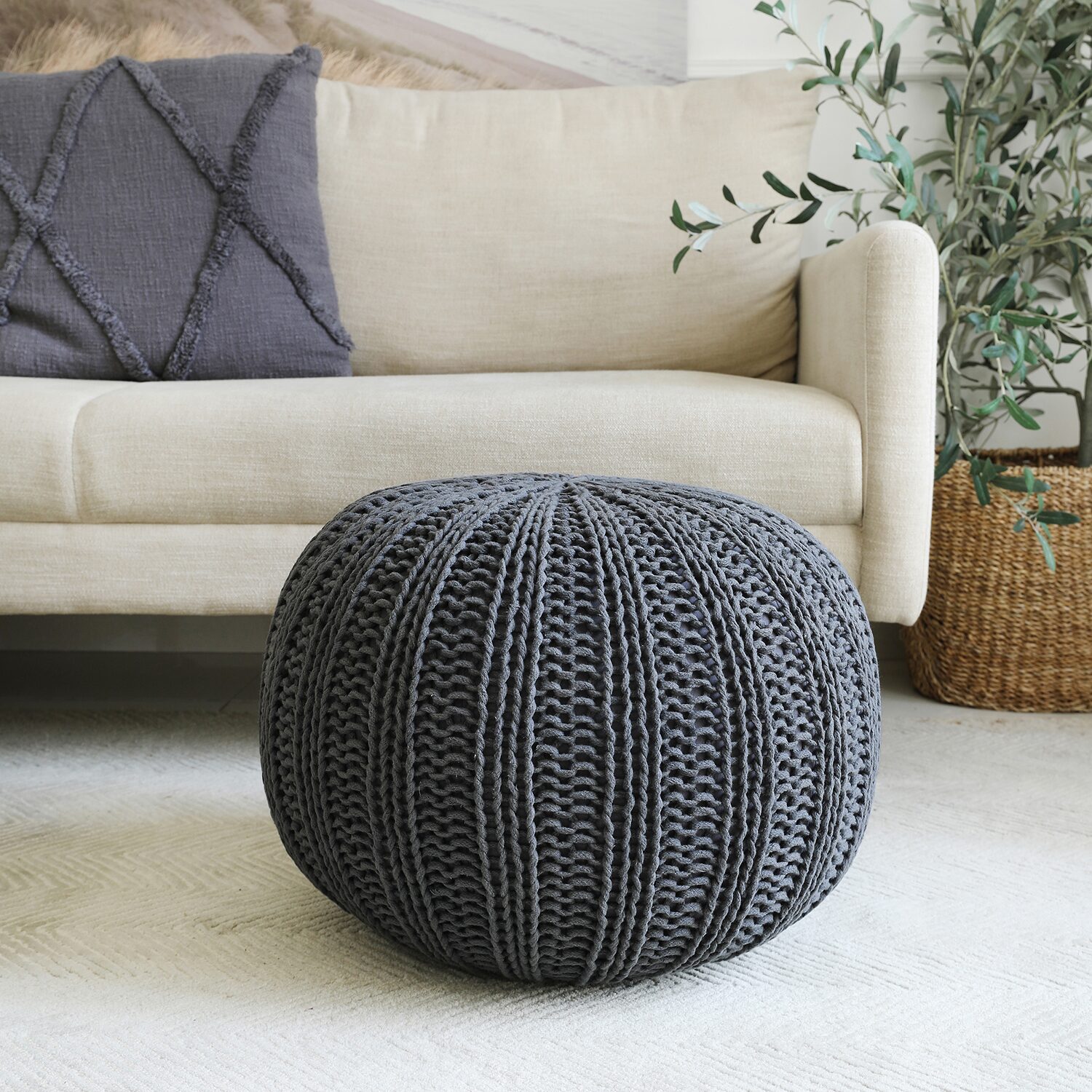 LR Home Montra 16" Handmade Cableknit Cotton Pouf