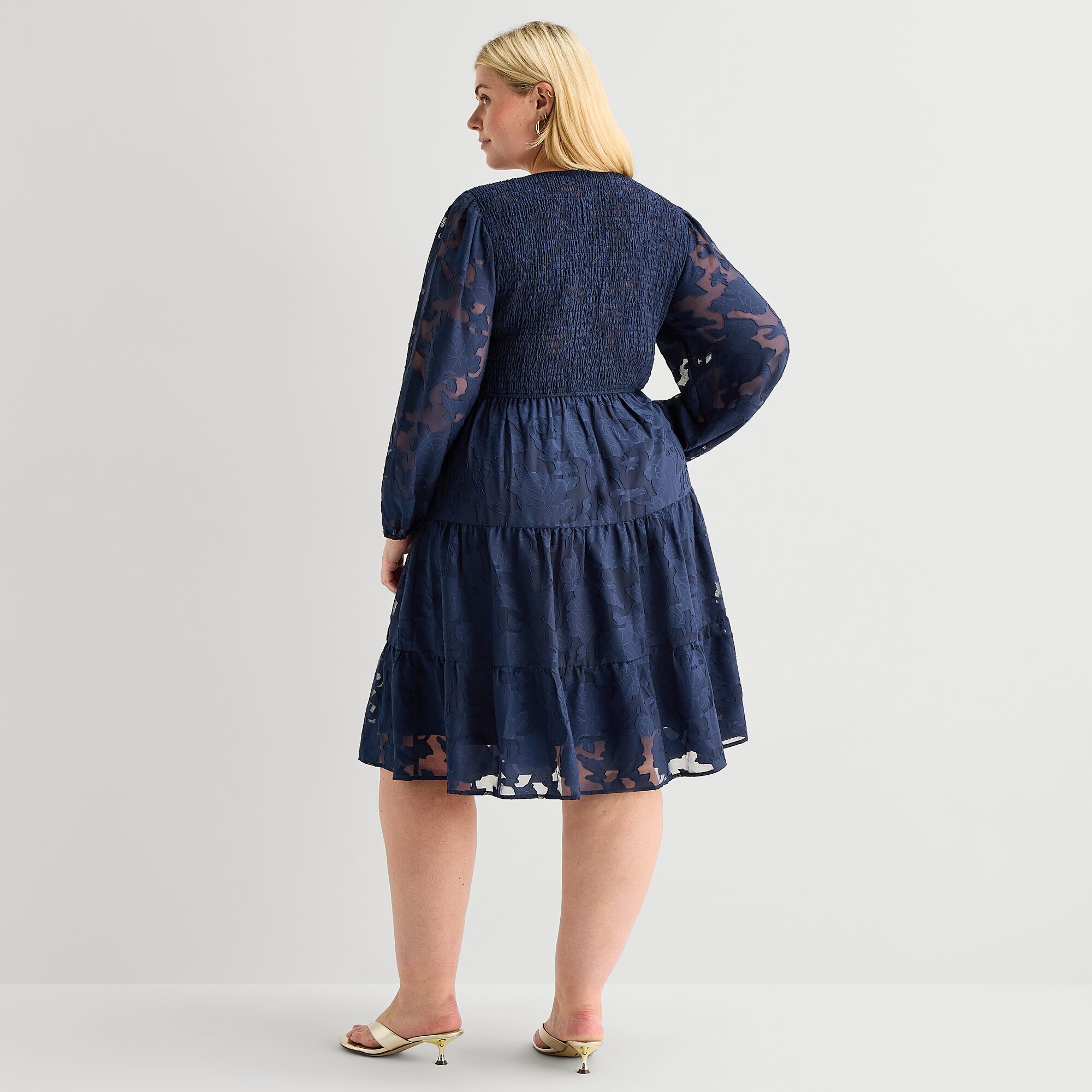 Sandra Darren Womens Plus Midi Round Neck 3/4 Sleeve Puffed Fit + Flare Dress