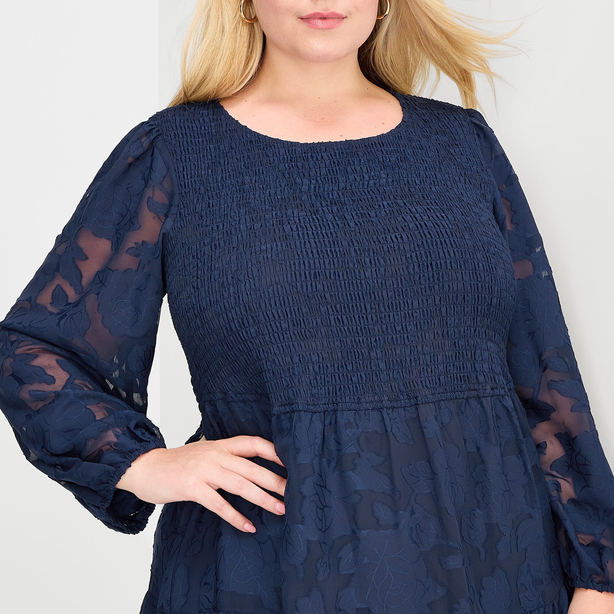 Sandra Darren Womens Plus Midi Round Neck 3/4 Sleeve Puffed Fit + Flare Dress