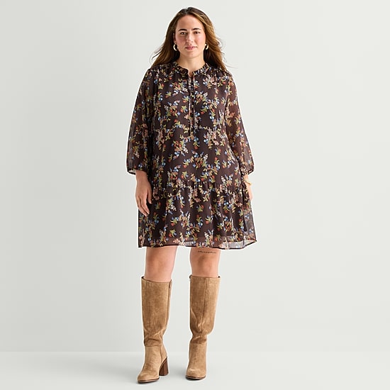 St. John's Bay Womens Plus V Neck Long Sleeve Floral A-Line Dress
