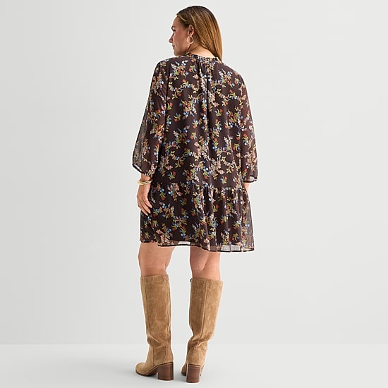 St. John's Bay Womens Plus V Neck Long Sleeve Floral A-Line Dress
