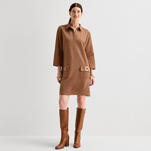 Msk Womens 3/4 Sleeve Shirt Dress In Brown