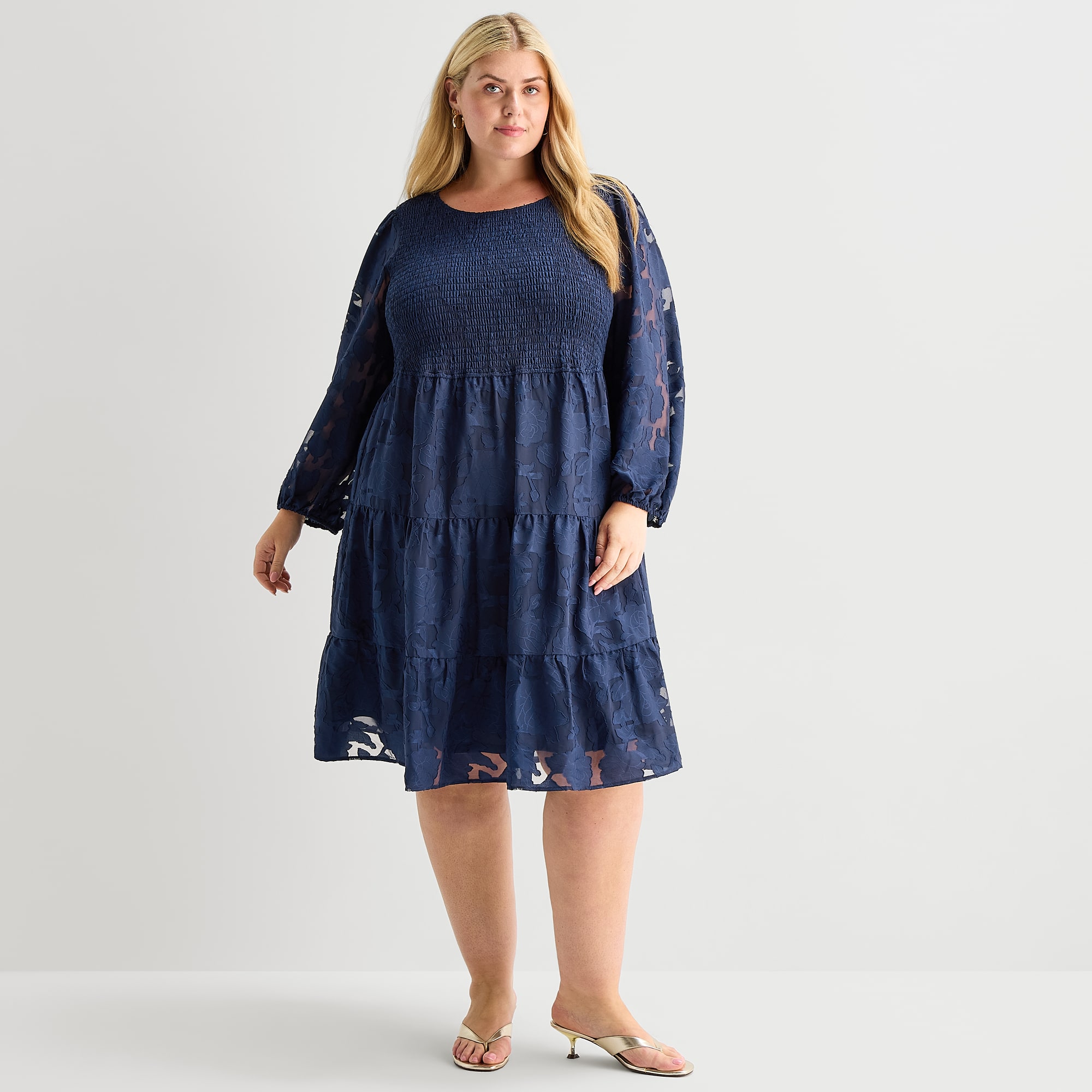 Sandra Darren Womens Plus Midi Round Neck 3/4 Sleeve Puffed Fit + Flare Dress