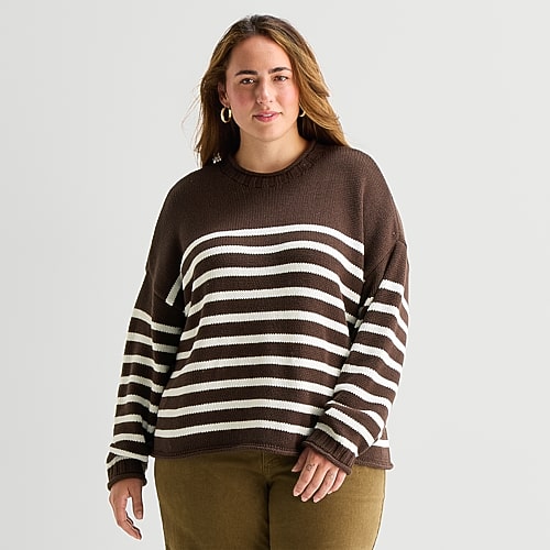 St. John's Bay Plus Womens Crew Neck Long Sleeve Striped Pullover Sweater In Brown