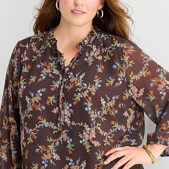 St. John's Bay Womens Plus V Neck Long Sleeve Floral A-Line Dress
