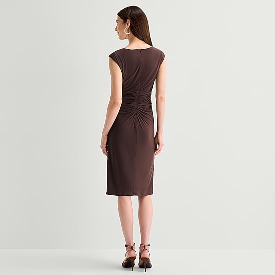 Jessica Howard Womens Midi Asymmetrical Neck Short Sleeve Sheath Dress