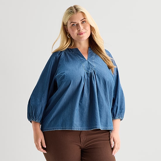 St. John's Bay Womens Plus Split Crew Neck 3/4 Sleeve Blouse