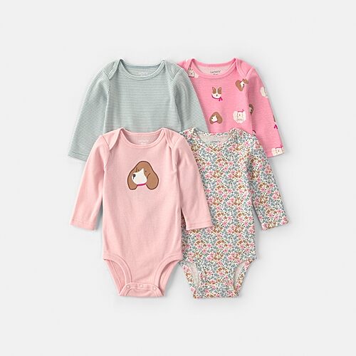 Carter's Baby Girls Crew Neck Long Sleeve 4-pc. Bodysuit In Pink