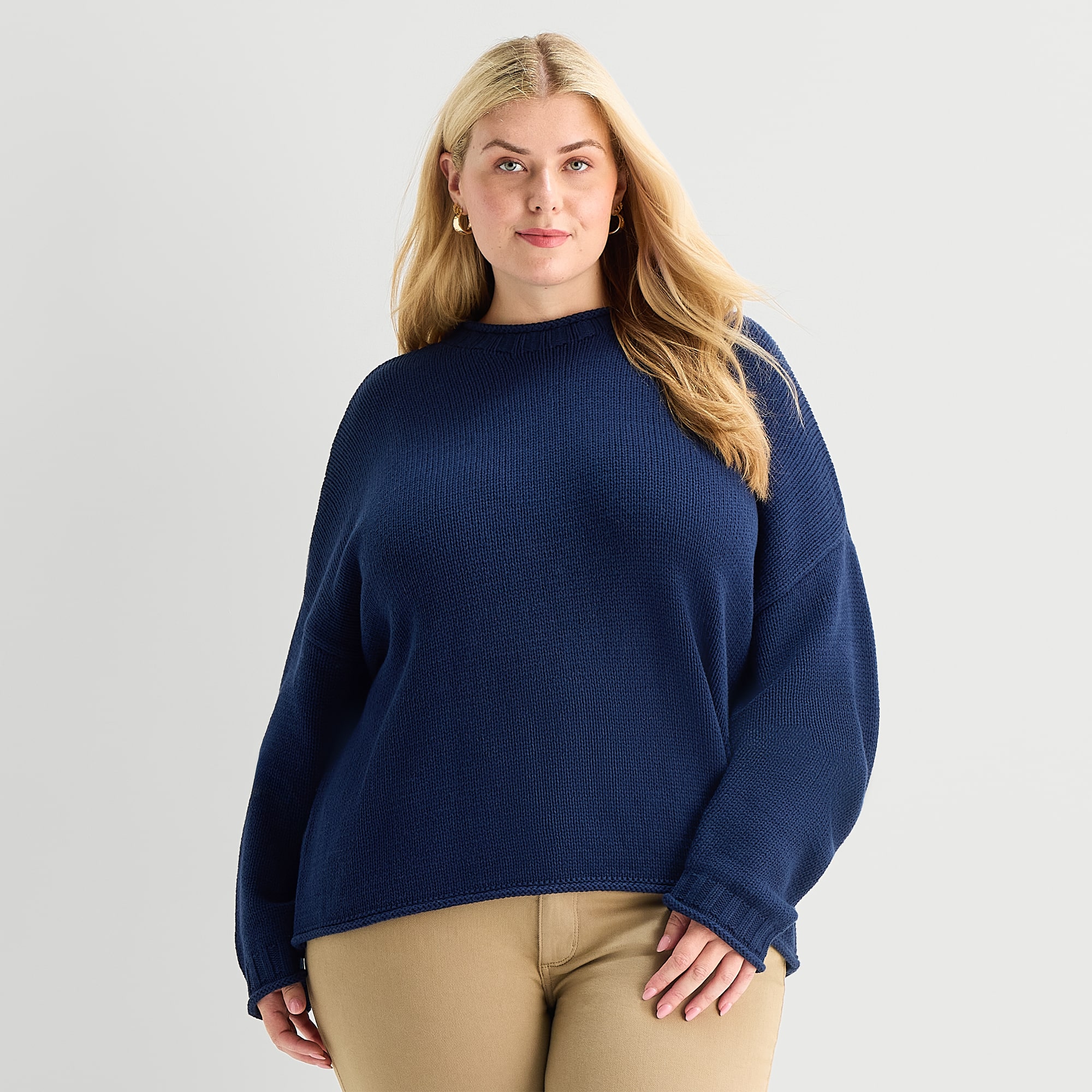St. John's Bay Plus Womens Crew Neck Long Sleeve Striped Pullover Sweater
