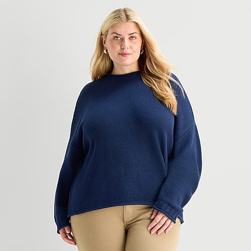 St. John's Bay Plus Womens Crew Neck Long Sleeve Striped Pullover Sweater In Blue