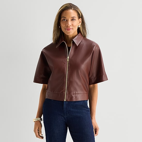 Liz Claiborne Womens Faux Leather Midweight Cropped Jacket