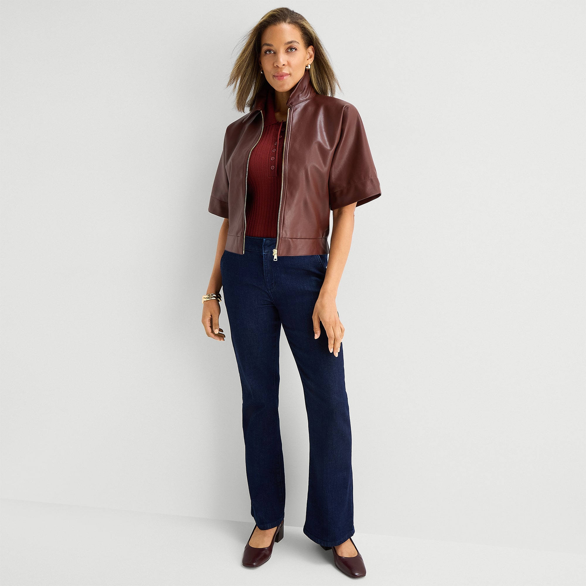 Liz Claiborne Womens Faux Leather Midweight Cropped Jacket