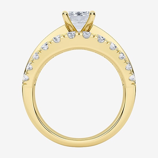 (F / Vs2) Womens 3 1/3 Ct. T.W. Lab Grown White Diamond 10K Gold Rectangular Side Stone Engagement Ring