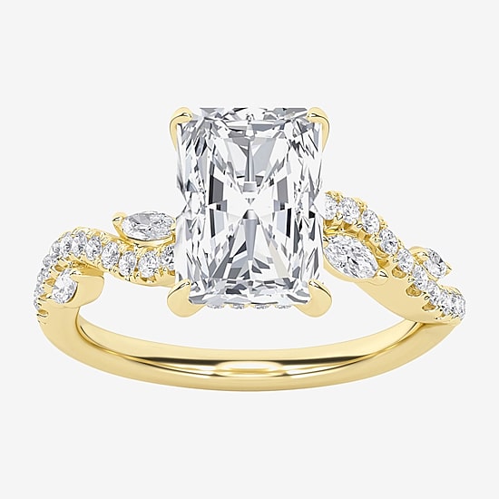 (F / Vs2) Womens 3 1/4 CT. T.W. Lab Grown White Diamond 14K Gold Rectangular Side Stone Engagement Ring