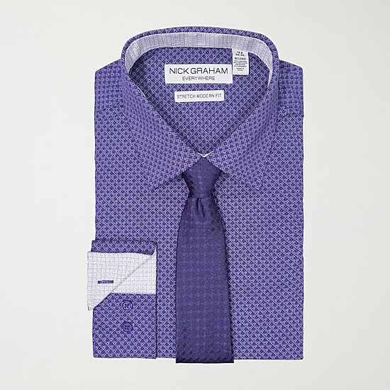 Nick Graham Mens Spread Collar Long Sleeve Stretch Fabric Shirt + Tie Set