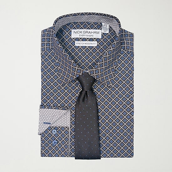 Nick Graham Mens Spread Collar Long Sleeve Stretch Fabric Shirt + Tie Set
