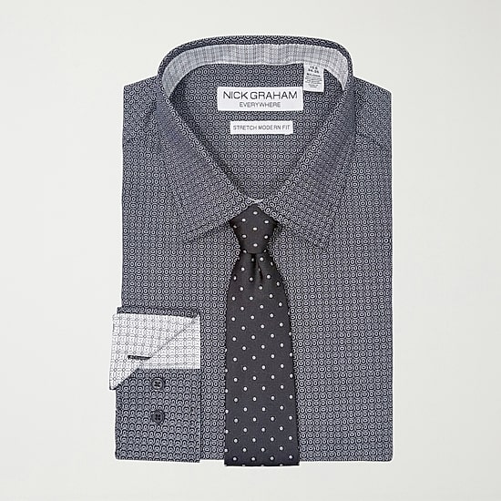 Nick Graham Mens Spread Collar Long Sleeve Stretch Fabric Shirt + Tie Set