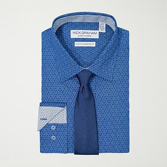 Nick Graham Mens Spread Collar Long Sleeve Stretch Fabric Shirt + Tie Set