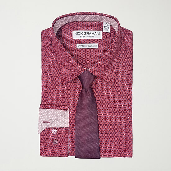 Nick Graham Mens Spread Collar Long Sleeve Stretch Fabric Shirt + Tie Set
