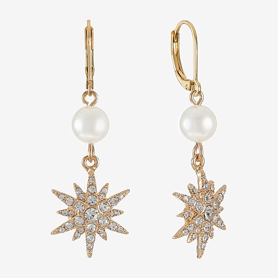 Monet Jewelry Womens Glass Simulated Pearl Star Drop Earrings