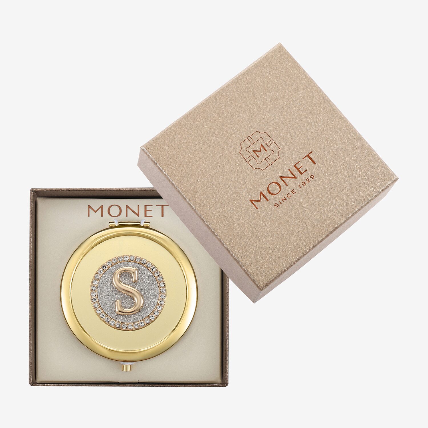 Monet Jewelry Initial Gold Tone Round Compact Mirror