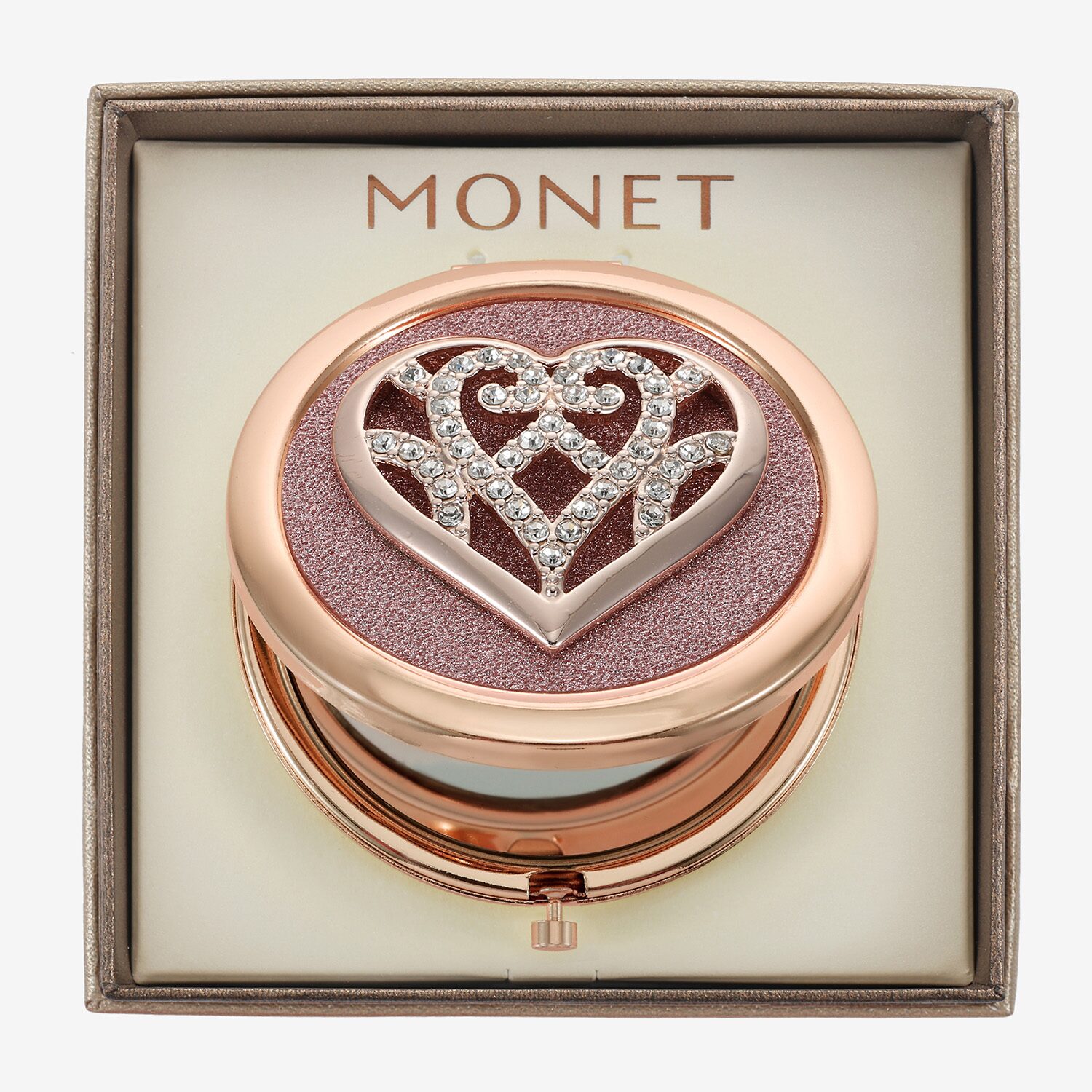 Monet Jewelry Rose Tone Heart Compact Mirror