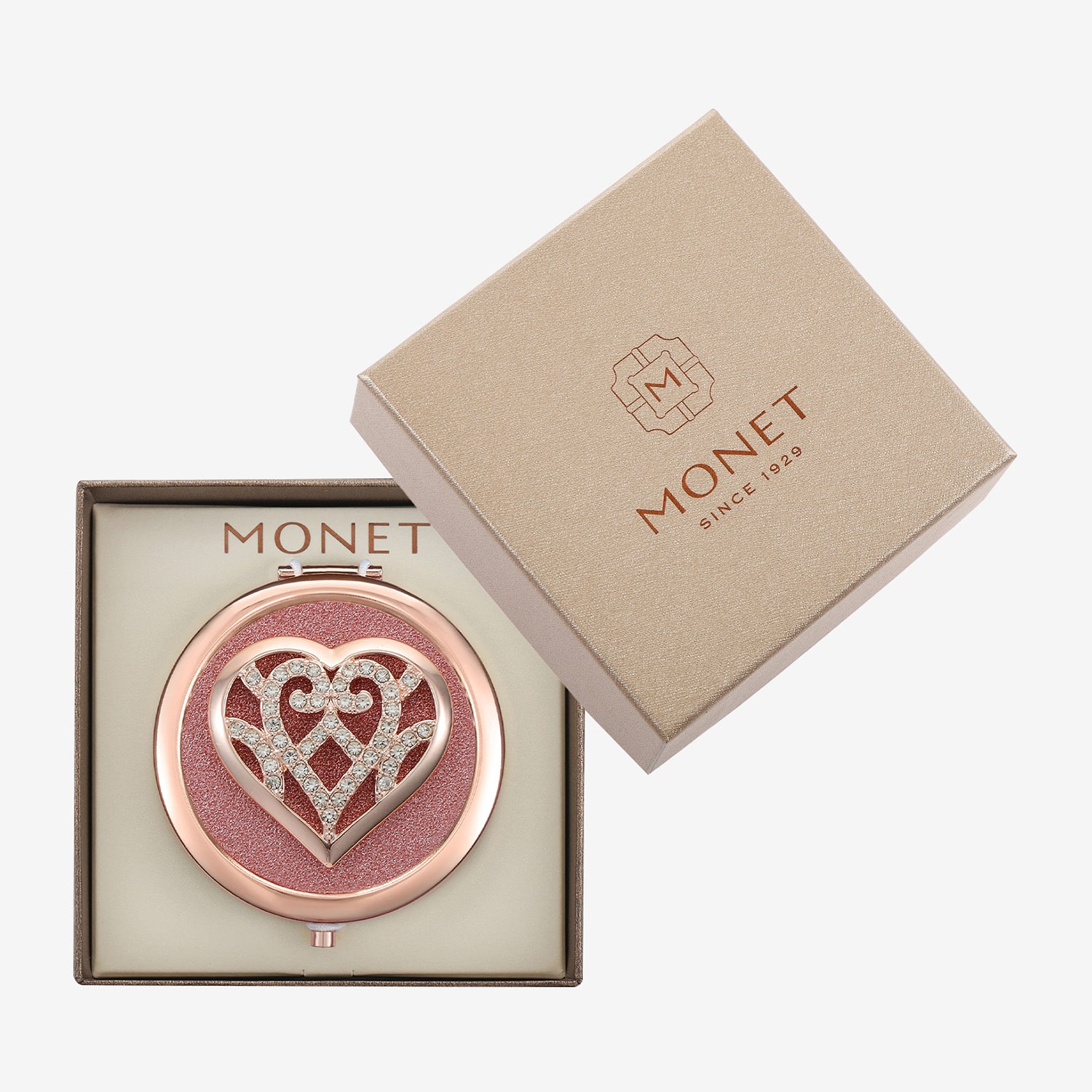 Monet Jewelry Rose Tone Heart Compact Mirror