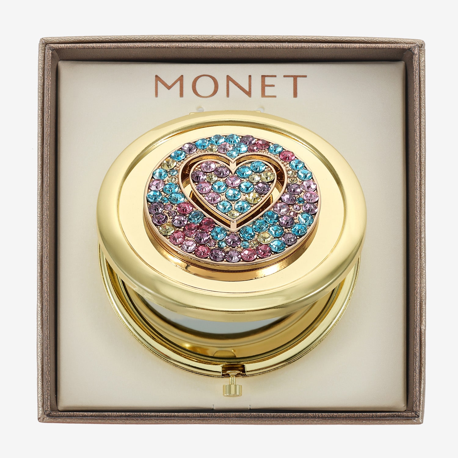 Monet Jewelry Gold Tone Round Compact Mirror