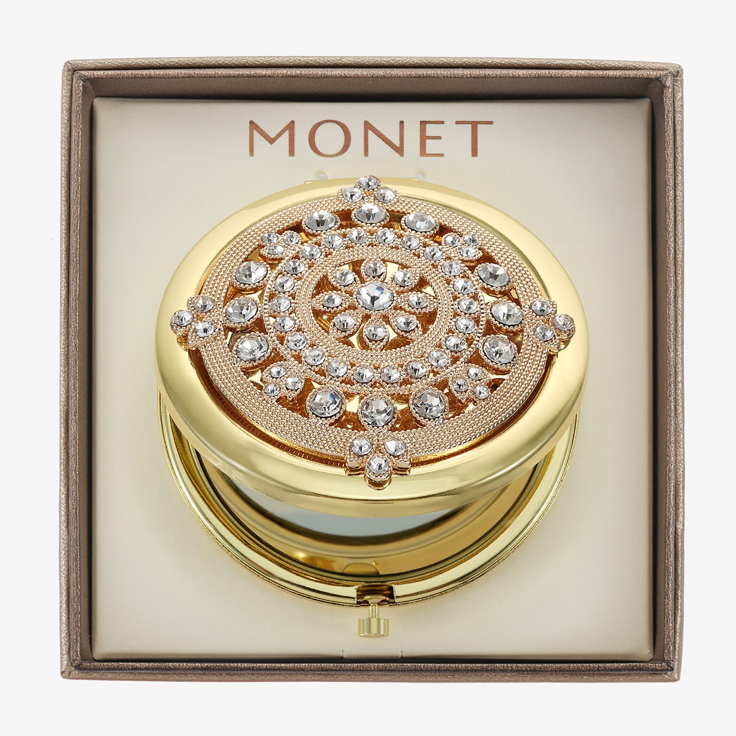 Monet Jewelry Gold Tone Round Compact Mirror