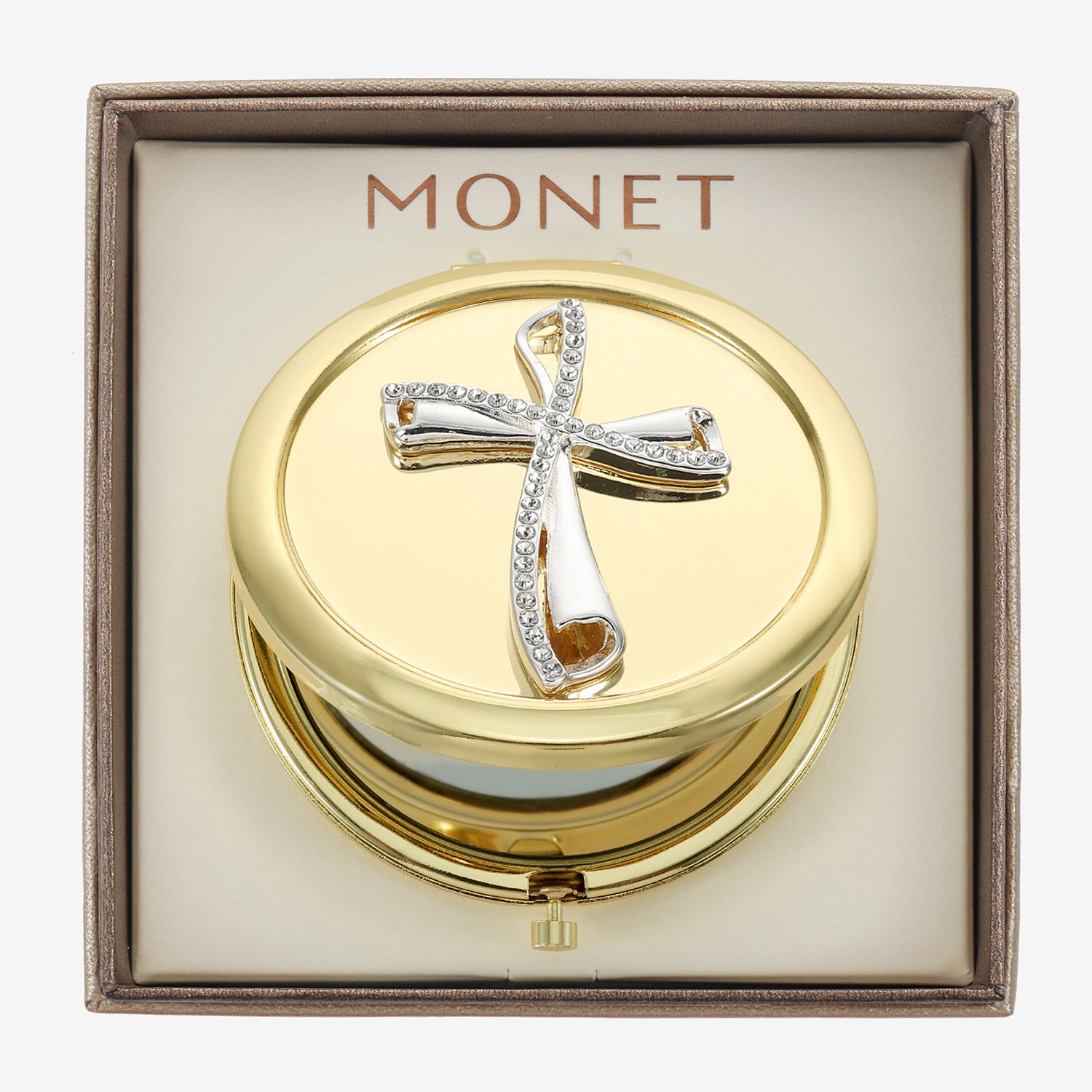 Monet Jewelry Gold Tone Cross Compact Mirror