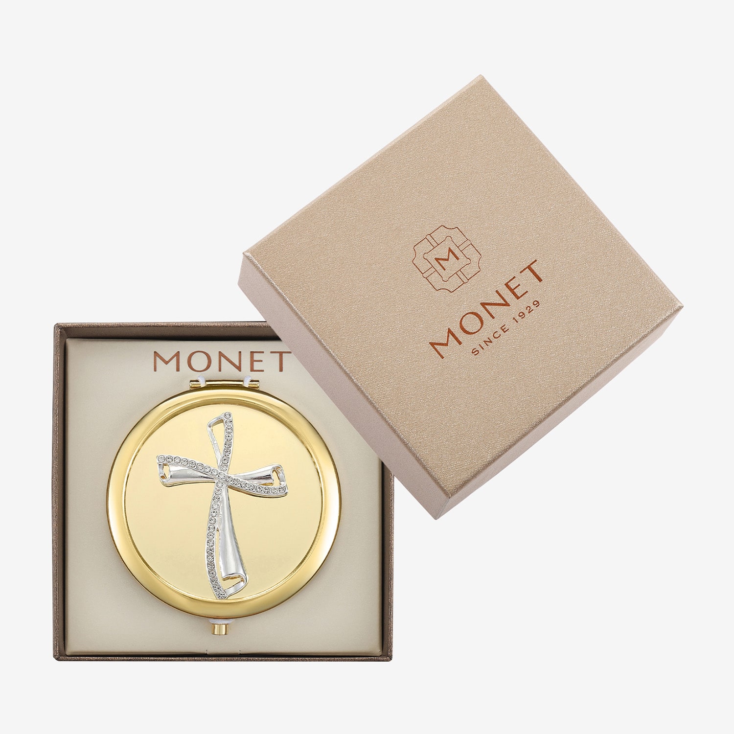 Monet Jewelry Gold Tone Cross Compact Mirror